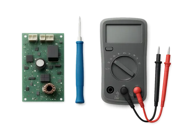 Placa electrónica de un electrodoméstico con un destornillador y un polímetro